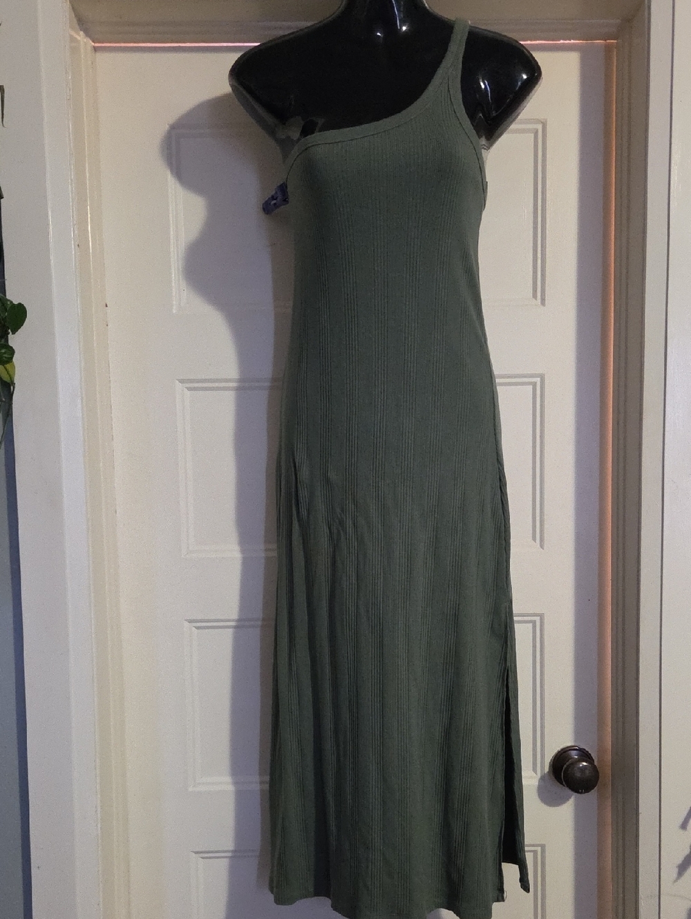 aerie One-Shoulder Olive Ribbed Maxi Dress